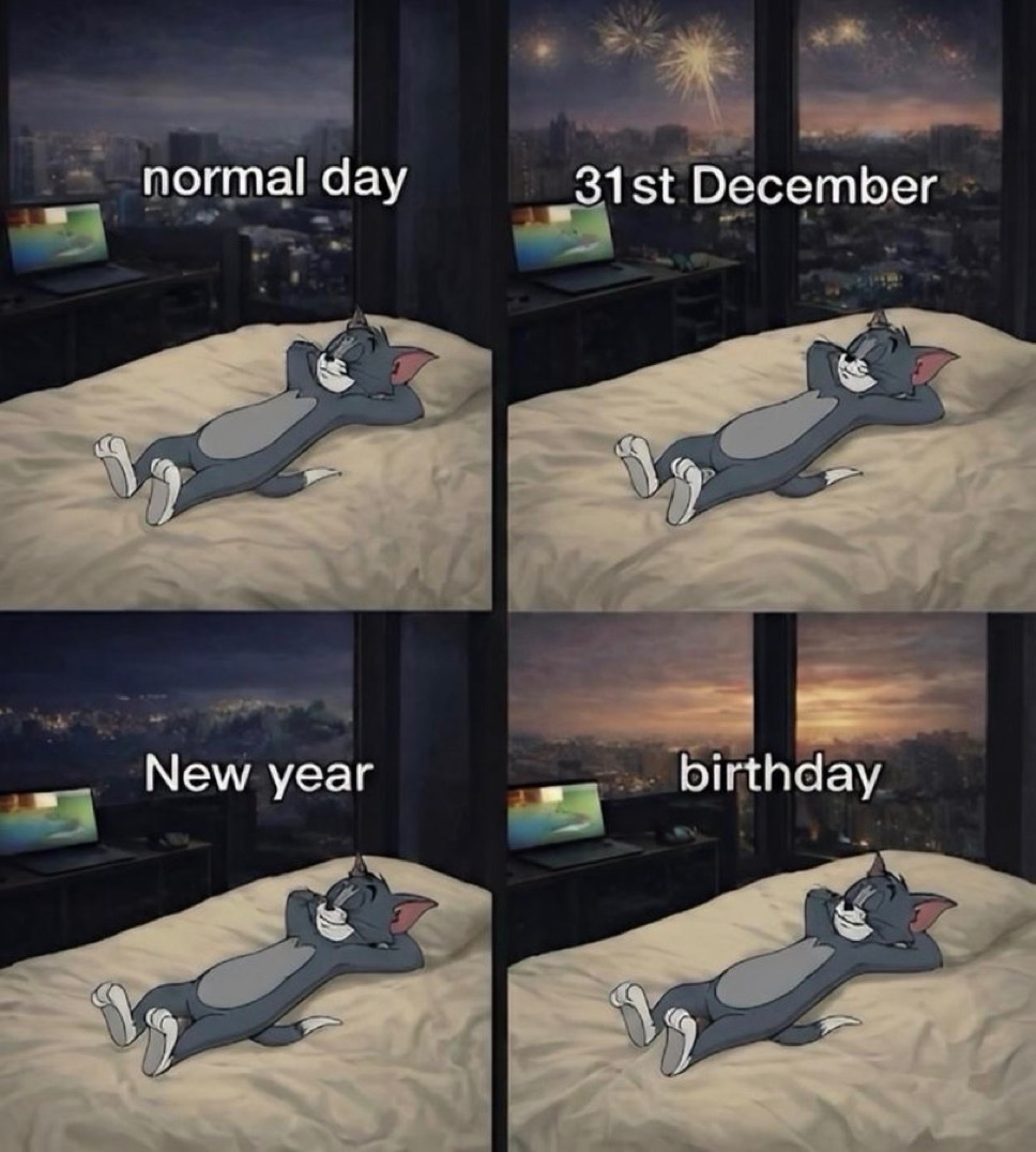 Normal day. 31st December. New Year. Birthday.